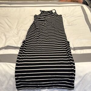 Black and White Striped Sleeveless Dress with slits on the sides